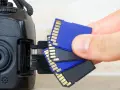 Main tenant, une main s'apprête à insérer une carte SD dans un appareil photo. Il est temps de choisir la carte SD parfaite pour vos souvenirs.
