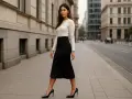 Elegancka kobieta w czarnej spódnicy midi i białym swetrze, idealnie dobrane czarne szpilki. Jakie buty do spódnicy midi? Te są strzałem w dziesiątkę!