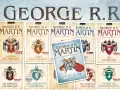 Mehrere Buchcover von George R.R. Martins "Das Lied von Eis und Feuer" Reihe, mit Wappen und Titeln.