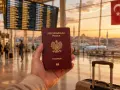 Pasport w dłoni, walizka obok, a za oknem lotniska wschód słońca i turecka flaga. Czas na wyjazd do Turcji!