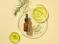 Flacone ambrato con contagocce, oli essenziali e rametti verdi su vetrini da laboratorio. Attenzione: il tea tree oil brucia la pelle se non diluito.