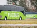 Dwa zielone autokary Flixbus stojące na trawiastym terenie.