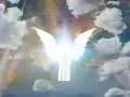Jasna postać z rozpostartymi skrzydłami na tle kosmicznego nieba. Symbolizuje talizman 7 archaniołów znaczenie, ochronę i boską obecność.