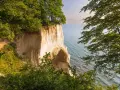 Weiße Kreidefelsen ragen steil aus dem ruhigen Meer der Ostsee. Grüne Bäume säumen die Klippen und bieten einen friedlichen Ausblick.