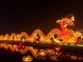 Wspaniały, świetlisty smok chiński znak zodiaku, ozdobiony lampionami w kształcie kwiatów lotosu, odbija się w wodzie.