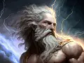 Potężny Zeus z burzą w oczach i piorunami w rozwianych włosach, władca Olimpu.