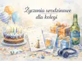 Mądre życzenia urodzinowe dla kolegi: tort, balony, prezenty, piwo i słuchawki.
