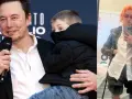Elon Musk z synem i Grimes w stylizacji z pomarańczowymi włosami.