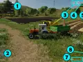 Symulacja rolnictwa: traktor z przyczepą i kombajn na polu, z interfejsem gry.