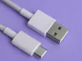 Biały kabel z wtyczkami USB-A i USB typu C na fioletowym tle.