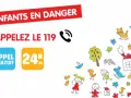 Enfants en danger : appelez le 119. Appel gratuit 24h/24. Illustrations d'enfants et d'animaux.