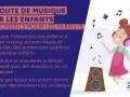 Une fillette danse, écouteurs aux oreilles, entourée de notes de musique. Un exemple de bruit sonore à éviter pour les enfants.