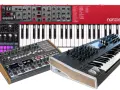 Verschiedene Synthesizer-Keyboards: ein roter Nord Lead A1, ein schwarzer Arturia Circuit und ein weiterer schwarzer Synthesizer mit Holzdetails.
