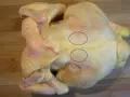 Un poulet cru sur une planche à découper en bois. Deux cercles noirs entourent des zones de chair où l'on peut voir des fibres musculaires. On dirait que le sot l'y laisse.