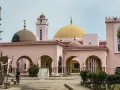 Różowa budowla z kopułami i minaretem, przypominająca meczet, w stolicy Tanzanii. Obok plac budowy.