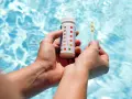 Hands hold a pool test strip and bottle, showing how to make pool water clear by checking chemical levels.