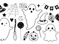 Collection d'éléments d'Halloween : fantômes joyeux, chapeaux de sorcière, citrouille, bonbons, balai, araignée, toile d'araignée. Parfait pour un inspi dessin facile.