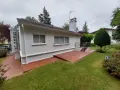 Terraza exterior con suelo de baldosas rojas recién pintado, rodeada de césped verde y un jardín frondoso.