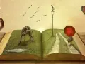 Un livre ouvert se transforme en paysage : un chien, une petite fille sous un parapluie rouge, un ballon et des oiseaux s'envolent. Ces livres d'histoire invitent à l'évasion.