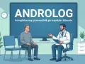 Lekarz androlog rozmawia z pacjentem w gabinecie. Na ekranie widnieje napis "ANDROLOG".