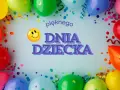 Kolorowe balony i konfetti tworzą radosną oprawę dla śmiesznych życzeń na Dzień Dziecka. Uśmiechnięta buźka i napis "Pięknego Dnia Dziecka" zapraszają do zabawy.