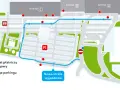 Schemat parkingu lotnisko w Katowicach. Wskazuje drogę do terminali A, B, C, parking P1 i punkty obsługi.