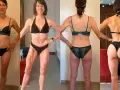 Femme musclée, 50 ans, en lingerie. Elle montre sa silhouette athlétique sous différents angles, fière de ses progrès.