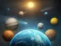 Jowisz w raku, otoczony innymi planetami i kometami, na tle gwieździstego nieba.