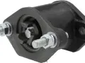 Czarne, metalowe mocowanie z ząbkowanym mechanizmem i śrubami, idealne jako adapter wom.