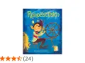 Okładka książki "Rumpelstiltskin" z wesołym skrzatem przędącym na kołowrotku.