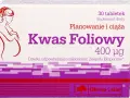 Opakowanie suplementu diety Kwas Foliowy 400 µg, zalecanego do planowania i ciąży. Wskazuje ile kwasu foliowego w ciąży jest potrzebne.