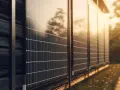 Nowoczesne ogrodzenie z paneli fotowoltaicznych, które harmonijnie wtapia się w otoczenie, łapiąc ciepłe promienie zachodzącego słońca.