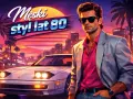 Męski styl lat 80. w neonowym mieście. Mężczyzna w różowej koszuli i marynarce obok sportowego auta.