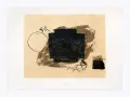 Œuvre d'Antoni Tàpies : un carré noir texturé sur fond beige, un cercle, des traits et une signature.