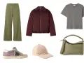 Outfit con giacca bordeaux, pantaloni verdi, t-shirt grigia, sneakers viola, cappellino rosa e borsa verde. Ecco come abbinare il bordeaux con stile.