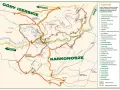 Mapa Karkonoszy i Gór Izerskich z zaznaczonym czerwonym szlakiem turystycznym prowadzącym na Szrenicę.