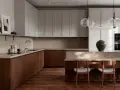 Cocina moderna con muebles inferiores de madera oscura y superiores blancos. Los colores de muebles de cocina crean un contraste elegante.