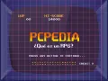 Pantalla de videojuego retro con el título "PCPEDIA" y la pregunta "¿Qué es un RPG?". Muestra puntuación, vidas y créditos.