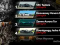 Classifica di auto con il miglior rapporto peso potenza: SSC Tuatara (0,70 kg/CV), Hennessey Venom F, Zenvo Aurora Tur, Koenigsegg Jesko A, Deus Vayanne.