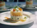 Un amuse-gueule froid à faire la veille : un cylindre de couches crémeuses et fruitées, garni de fleurs comestibles et d'herbes fraîches. Parfait pour un apéritif élégant.