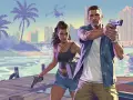 Dos pistoleros en un muelle, listos para la acción en GTA 6. Un helicóptero y un barco de policía vigilan la ciudad.