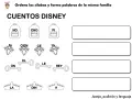 Actividad para desarrollar la conciencia léxica: ordena sílabas (mochilas, diamantes, llaves, coronas) para formar palabras de la familia Disney.