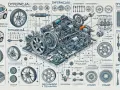Ilustracja techniczna z przekładnią, kołami i elementami samochodu.