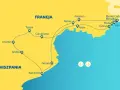 Mapa turystyczna Francji i Hiszpanii, pokazująca trasę przez miasta nad Morzem Śródziemnym, od Barcelony po Monako.