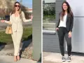 Due donne mostrano un outfit con blazer: una in beige con tacchi, l'altra in grigio scuro con sneakers.