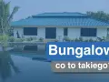 Bungalow co to takiego? Biały dom z niebieskim dachem, otoczony zielenią i stawem, z odbiciem w wodzie.