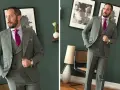 Uomo con abbinamento verde e grigio: completo a tre pezzi, camicia lilla e cravatta fucsia.
