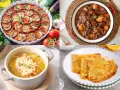 Cuatro platos de comida tradicional francesa: ratatouille, boeuf bourguignon, sopa de cebolla y crepes Suzette.