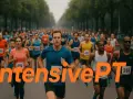 Löpare i ett maratonlopp, fokuserade och uthålliga.