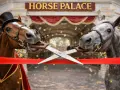 Deux chevaux coupent un ruban rouge avec des ciseaux, sous l'enseigne "HORSE PALACE". Une scène festive pour l'ouverture d'une pension cheval.